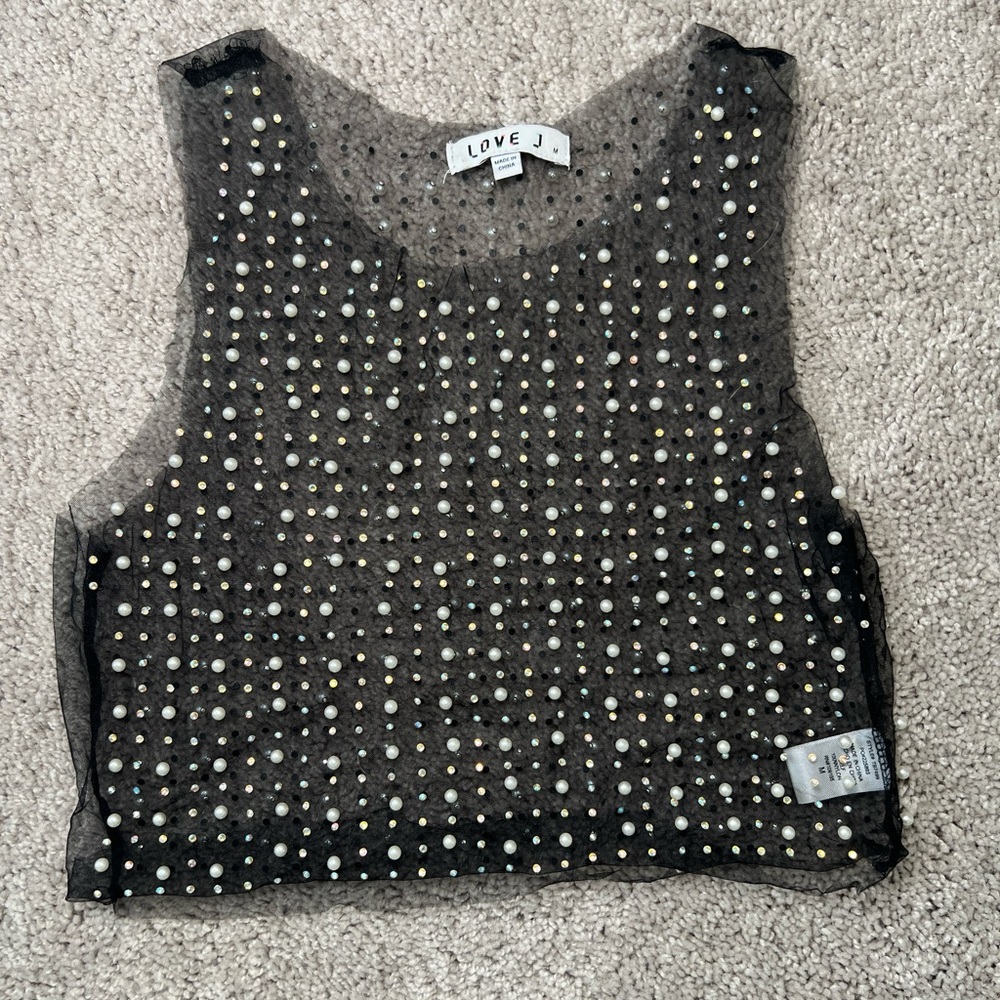 Black pearl and crystal cropped mesh shirt